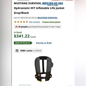 MUSTANG SURVIVAL MD3183-02-262
Hydrostatic HIT Inflatable Life Jacket
Gray/Black
